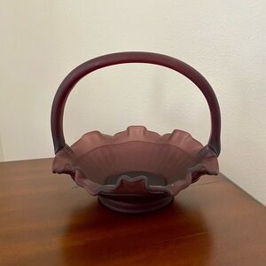Vintage Plum Satin Glass Basket | Ruffled Edge | Collectible Home Decor